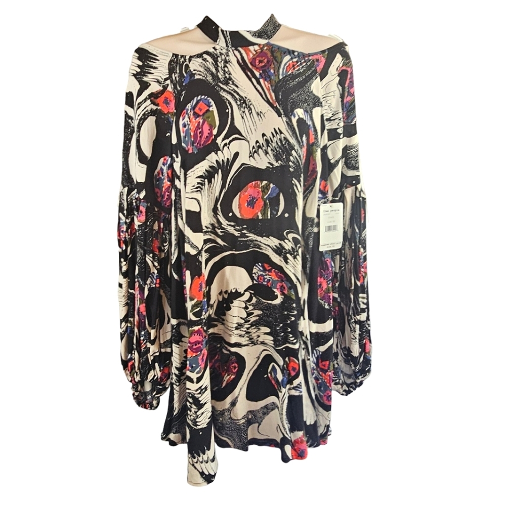 Free People Womens Drift Away Black Abstract Print Open Shoulder Tunic Dress M - Picture 2 of 15